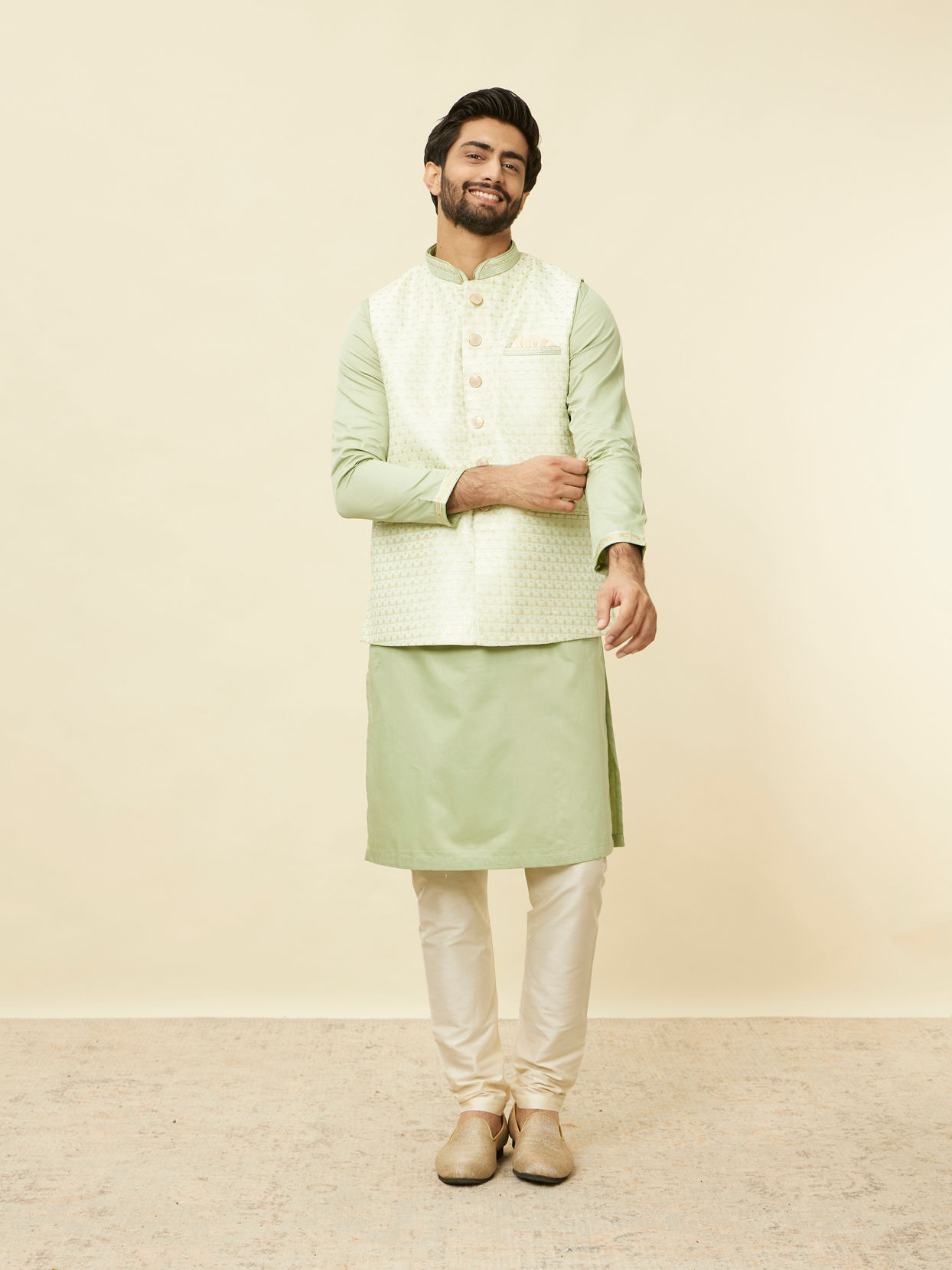 alt message - Manyavar Men Lime Green Self Patterned Jacket Set image number 3